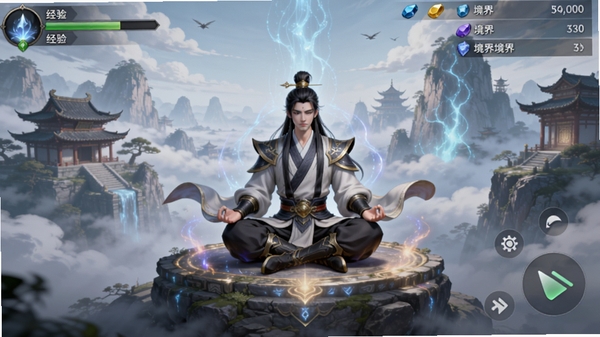 我挂机无敌游戏整体预览图,画面展示修仙者于云雾缭绕的山巅打坐,背景有古风建筑与灵脉光效,UI界面简洁清晰,显示经验、灵石、境界等核心数值,整体色调淡雅,富有东方玄幻意境,主体人物居中,背景为辽阔仙境,适配竖版手机画面构图。
