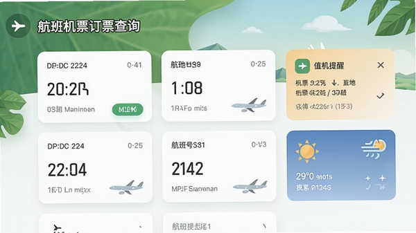 航班机票订票查询行程管理界面,展示即将出行的航班卡片,包含日期、目的地、航班号,带有值机提醒和天气小部件,界面风格清新自然,突出“航班机票订票查询”软件特色