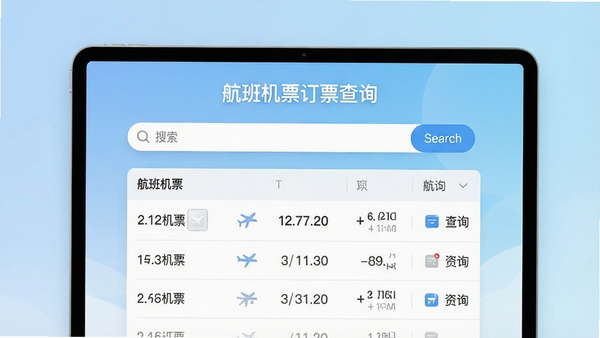 航班机票订票查询软件主界面截图,展示简洁的搜索框和航班列表,背景为浅蓝色渐变,突出软件名称“航班机票订票查询”,现代感UI设计,高清渲染