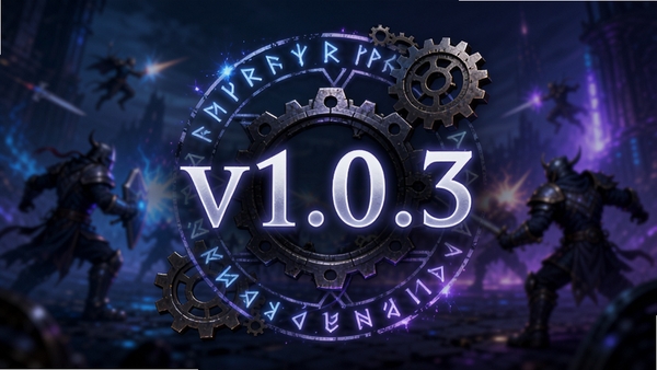 更新日志背景图,暗黑风格,中央显示“v1.0.3”字样,周围环绕着发光的符文和齿轮,背景是模糊的战斗场景,色调偏蓝紫,科技感与魔幻感结合,适合做版本更新公告配图