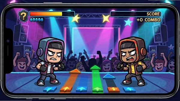 A vibrant gameplay screenshot of Friday Night Funkin': Familiar Encounter on a smartphone, the screen shows a rhythm battle scene with two characters facing off, colorful note arrows flying from the bottom to the top, a health bar at the top, the background is a stylized concert stage with neon lights and a cheering crowd, the UI clearly displays score and combo, the art style is cartoonish with bold outlines and bright colors, high detail, no text tags or labels.