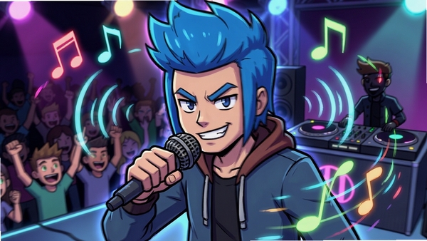 A close-up of the character Boyfriend from Friday Night Funkin': Familiar Encounter performing on stage, wearing his iconic blue hair and casual outfit, holding a microphone, surrounded by colorful musical notes and sound waves, the background shows an animated crowd and a DJ booth, the art style is vibrant and dynamic, with glowing neon accents and a sense of motion, no text overlays.