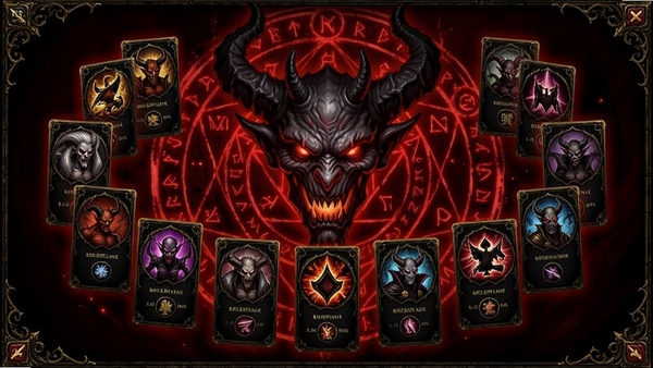 地狱黑杰克恶魔契约界面,一个巨大的恶魔头像在屏幕中央,周围环绕着不同的契约卡片,卡片上绘制着各种恶魔形象与技能图标,背景是暗红色的魔法阵,界面UI风格华丽,带有哥特式花纹装饰,整体色调为深红、暗金与黑色,光影效果突出,展现游戏的暗黑契约主题