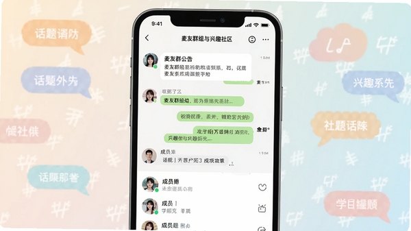 ����Ⱥ����������Ȥ�������棬��Ļ��ʾһ��Ⱥ�ĶԻ����Ϸ���Ⱥ���棬�·��ǳ�Ա�б��������л����ǩ���ţ�����ɫ����ͣ�ͻ������������Χ