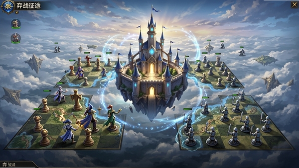 弈战征途游戏主界面全景预览图,画面中央是一座悬浮的幻想城堡,周围环绕着棋盘格状的战略地图,英雄单位与士兵模型清晰可见,背景是壮丽的云海与魔法光效,整体色调以蓝金为主,风格写实且富有史诗感,适合作为游戏宣传封面