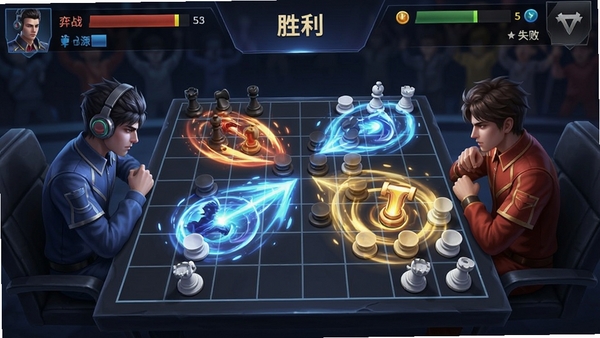 弈战征途竞技场实时对战画面,双方玩家在棋盘上激烈交锋,技能特效华丽,屏幕上方显示双方兵力与资源条,有“胜利”与“失败”的结算界面雏形,整体UI风格简洁现代,充满电竞氛围