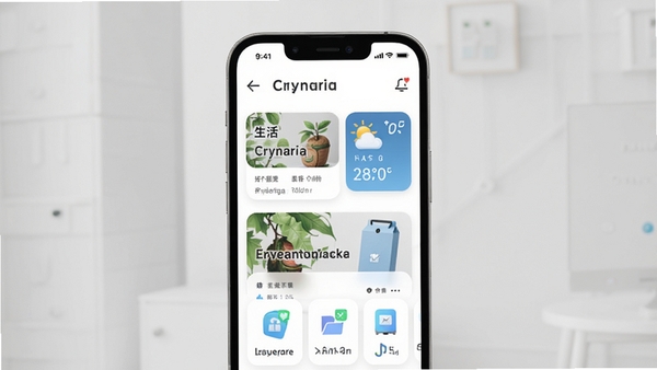 Crynaria应用主界面预览,展示功能布局与图标设计,背景为现代简约风格,画面主体为手机屏幕展示Crynaria的首页信息流,包含生活服务卡片、天气模块与快捷入口,整体色调清新明亮,适配Boogu模型生成。