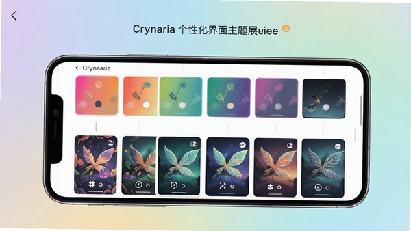 Crynaria个性化界面主题设置展示,画面为应用设置页面中多种颜色主题与壁纸选项,背景为柔和渐变底色,手机界面居中展示,突出自定义功能,整体视觉清新明快,适配Boogu模型生成。