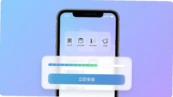 合男子安装器主界面预览图,画面中央展示一个简约风格的手机安装向导界面,背景为柔和的蓝紫色渐变,前景突出安装进度条与“立即安装”按钮,整体光线明亮,细节清晰,风格现代,画面干净无杂乱元素