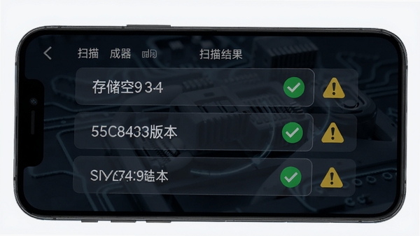 合男子安装器功能示意图,手机屏幕显示扫描结果列表,包含存储空间、系统版本等条目,每条旁有绿色对勾与黄色警告图标,背景采用深色科技感界面,配以柔和光效,突出智能检测过程