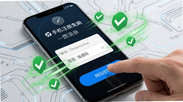手机注册邮箱免费一键注册功能演示,手指点击蓝色注册按钮,屏幕显示短信验证码输入框,周围有动态的绿色对勾图标和加速线条,背景采用浅灰色科技感纹理,突出快速、便捷的特点,画面清晰有层次