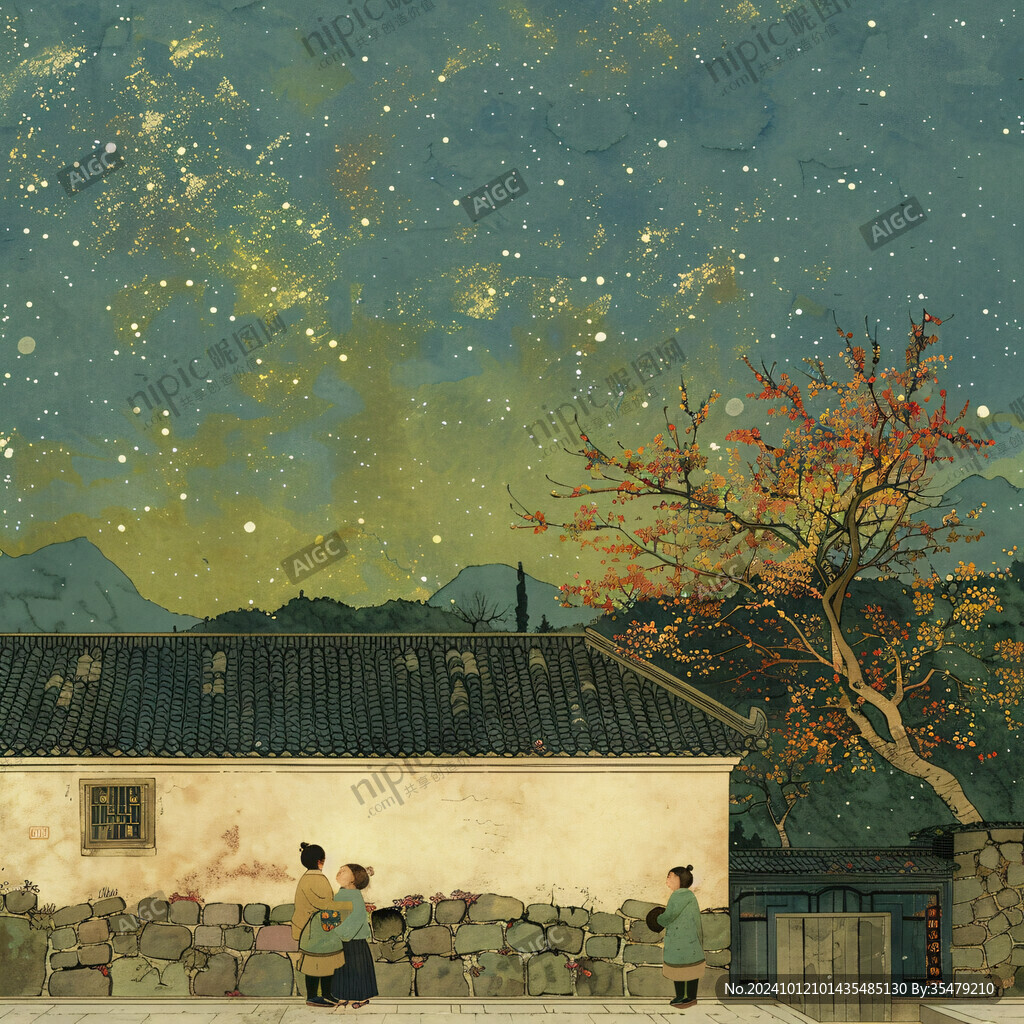 怀旧的小院生活 夜晚 星空 竹床 扇子 乘凉