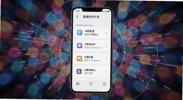 请柬制作邀请软件更新日志示意图,画面中央为手机展示新版功能列表,背景为动态模糊的彩色光斑,体现软件迭代升级的科技感,适配Boogu模型生成