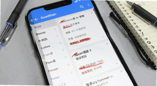 手机屏幕展示马不停题应用内的错题本界面,左侧有按科目分类的列表,右侧是带有红色标记的错题卡片,卡片上显示题目与错误原因标签,背景为浅灰色桌面,摆放着笔和笔记本,画面风格写实,色彩自然,突出错题归纳的智能感。