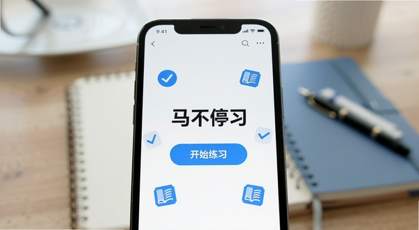 画面主体为智能手机屏幕特写,屏幕内显示马不停题应用主界面,背景是模糊的书桌与笔记本,色调以清新的蓝色和白色为主,整体风格干净明亮,突出学习工具的专业感与便捷性,屏幕中央显示“开始练习”按钮,四周点缀有对勾、书本等学习图标,画面细节丰富,构图居中,背景虚化。