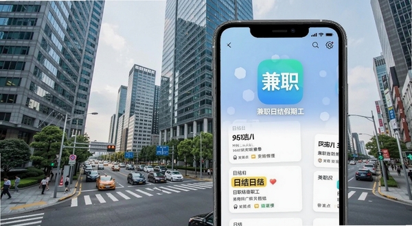 软件主界面展示兼职岗位列表,背景为城市写字楼与繁忙街道,前景为智能手机屏幕特写,屏幕中清晰显示“兼职日结假期工”应用图标与多个日结岗位卡片,画面明亮清晰,突出实用与便捷感