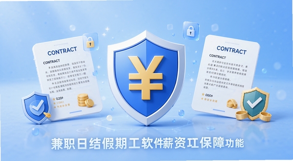 展示兼职日结假期工软件薪资保障功能宣传图,画面中央为盾牌图标搭配人民币符号,周围环绕合同文本与安全认证标识,背景为柔和蓝色渐变,突出资金安全与平台保障理念