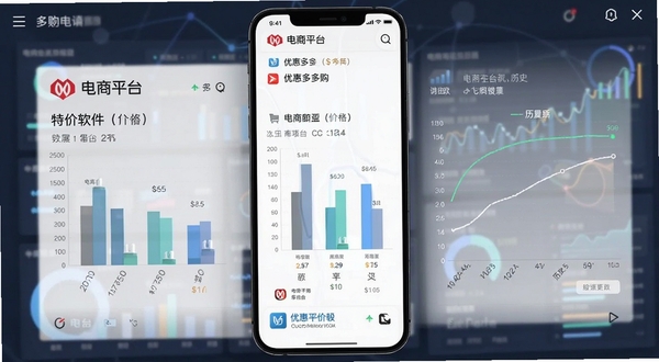 优惠多多购特价软件的价格对比页面截图,展示不同电商平台的价格柱状图与历史曲线,背景为数据可视化风格,手机界面清晰标注各平台Logo与价格,画面专业且易于理解,风格现代简洁。