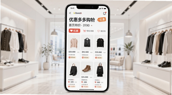 优惠多多购特价的主界面预览图,展示首页特价商品瀑布流,背景为现代简约的购物场景,手机屏幕居中,画面明亮清晰,突出软件名称与优惠标签,整体风格活泼明快,适配Boogu模型生成。