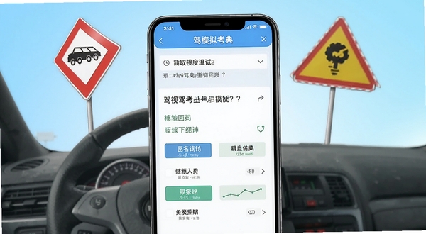 驾车考典主界面展示,画面中心为手机屏幕,屏幕内显示驾考模拟考试页面,有题目和选项,背景为浅蓝色渐变,配有方向盘、交通标志等元素,整体风格简洁明亮,突出软件实用性与专业性。