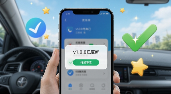 驾车考典更新日志配图,画面为手机屏幕显示“v1.0.0已更新”弹窗,背景有对勾和星星元素,色彩明亮,展现软件持续优化的形象。