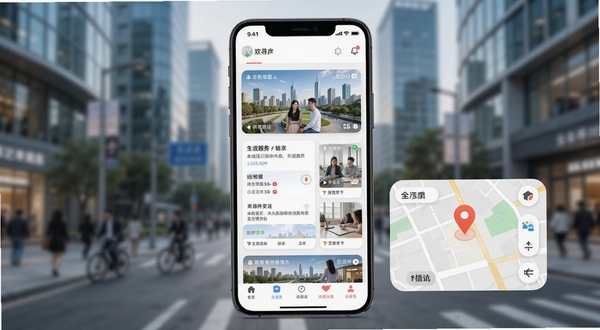 欢寻APP主界面预览图,手机屏幕展示本地生活信息流,背景为模糊的现代城市街景,前景突出应用卡片与地图定位标识,画面明亮清晰,强调生活服务与社交属性