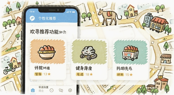 欢寻软件智能推荐功能示意图,界面展示根据用户位置推荐周边商家卡片,包含餐厅、健身房、超市图标,背景为手绘风格城市地图,线条简洁,色彩明快,突出个性化推荐特色