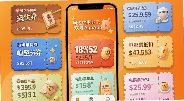 欢寻APP周边优惠券展示界面,屏幕上有多个商家优惠券卡片,如餐饮半价券、电影票抵扣券,背景为温暖的橙色渐变,卡片设计立体,数字价格醒目,营造出强烈的实惠感