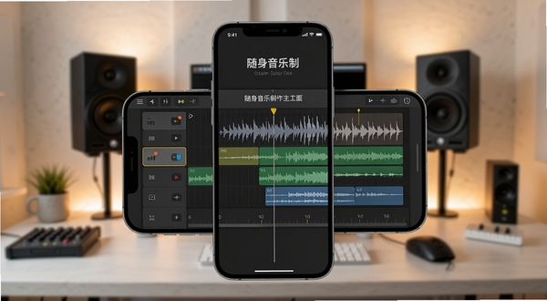 随身音乐制作主界面展示,手机屏幕内显示多轨音频编辑界面,波形图与音轨块清晰可见,背景是简约的工作室环境,暖色调灯光,整体画面干净专业,突出软件名称与核心功能。