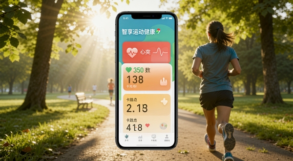 智享运动健康app主界面展示,手机屏幕内显示步数、心率、卡路里等运动数据卡片,背景为清晨公园跑步场景,阳光透过树叶洒落,画面清晰明亮,突出健康生活理念,风格写实,适合软件预览图使用