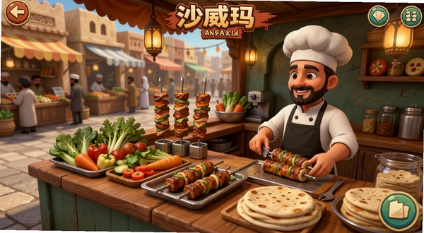 ɳ���괫����Ϸ�������ͼ��չʾһ������ж������ɳ����С�꣬��̨ǰ�ڷ��������߲ˡ��������ͱ�Ƥ����ʦ��ɫ��������ɳ���꣬���������ֵĽ��У�ůɫ���ƹ⣬����ϸ��������������ͨдʵ��ͻ����ʳ����ɫ��