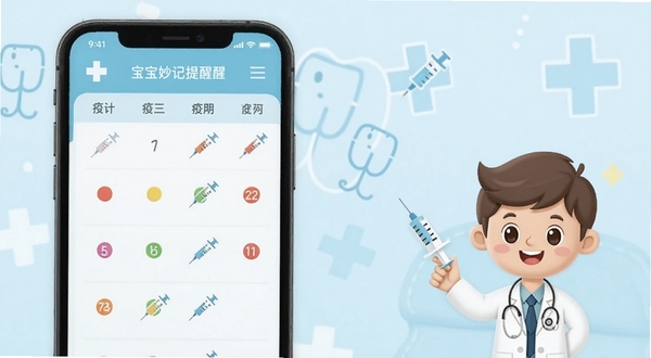 宝宝妙记疫苗提醒功能示意图,手机界面显示疫苗日历列表,日期上有彩色圆点标记,旁边有注射器图标和卡通医生形象,背景是淡蓝色医疗风格装饰,简洁清晰