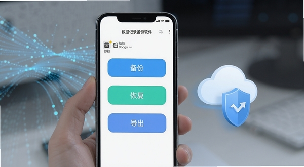 Boogu生成画面:一部智能手机屏幕显示扣扣聊天记录备份软件主界面,背景为淡蓝色数据流动线条,界面列出“备份”“恢复”“导出”三个主要按钮,手机旁边有云朵和盾牌图标,整体风格简洁现代,突出数据安全与便捷备份的主题。