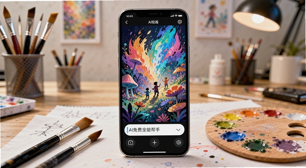 Boogu生图,AI免费全能帮手手机界面展示AI绘画功能,画面主体为手机屏幕内生成的一幅色彩绚丽的数字艺术画作,屏幕下方有输入提示词对话框,周围散落着画笔和调色板元素,背景为柔和的工作室环境,突出创作工具属性,构图饱满