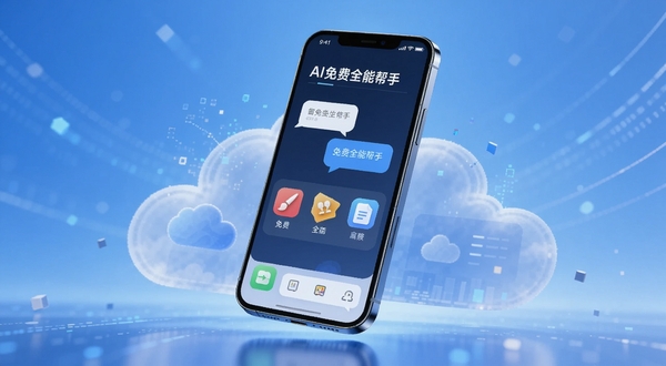 Boogu生图,画面中心展示一款名为AI免费全能帮手的智能手机应用界面悬浮于抽象数字云端,界面内含有对话气泡、文档、画笔等图标,背景为渐变蓝色科技感光效,整体风格明亮现代,突出智能、免费、全能的定位,画面比例为16:9
