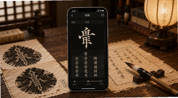 古字里软件主界面展示,手机屏幕中显示甲骨文识别结果与字形演变时间轴,背景为古籍书房场景,木质书桌上摆放着拓片与毛笔,暖色调灯光,高清渲染,细节丰富。