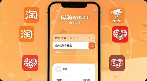 ����ʡǮ����������չʾ�������ֻ���Ļ������ʾ�Ż�ȯ��������Χ�����Ա���������ƴ���ȹ���ƽ̨ͼ�꣬����Ϊůɫ���䣬��������������ͻ��ʡǮ���⣬�ִ���ƽ����Ʒ��