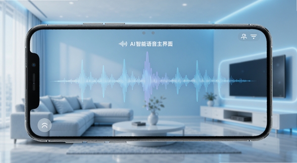 AI智慧语音主界面展示,手机屏幕显示语音波形动画,背景为浅蓝色渐变的科技感客厅环境,界面简洁现代,突出智能语音交互核心功能,画质清晰,产品渲染图风格