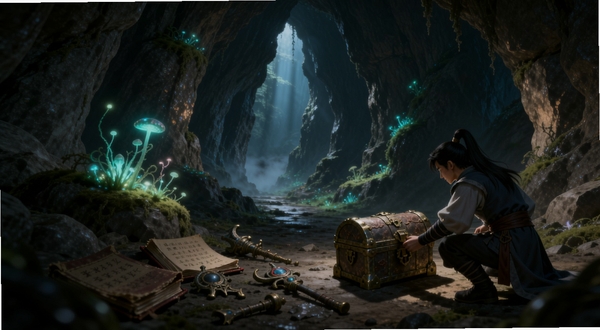 叩响仙途洞府探索画面,阴暗的洞穴深处有微光从岩缝中透出,石壁上长满发光的灵草,地面散落着古籍与法器残片,一名修仙者正蹲下查看一个古朴的宝箱,画面光线明暗对比强烈,营造出神秘探险氛围