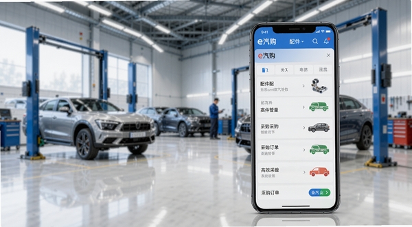 展示e汽购软件主界面,背景为现代化汽车维修车间,手机屏幕清晰显示配件分类与采购订单列表,整体风格明亮专业,突出供应链管理的高效与便捷