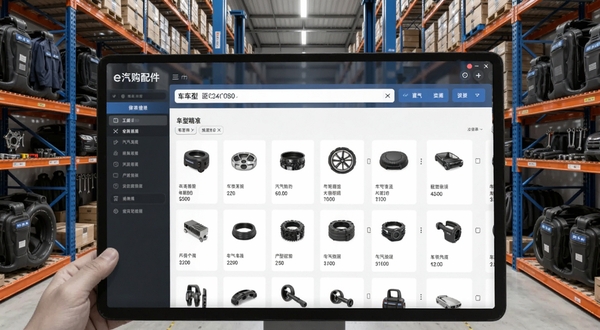 展示e汽购配件搜索界面,用户正在输入车型信息,屏幕显示匹配出的各类配件列表,背景为整洁的汽配仓库货架,强调数据精准与资源丰富