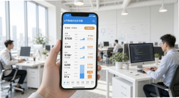 展示e汽购询价比价功能,手机屏幕上清晰显示不同供应商的报价列表与价格对比柱状图,背景为光线明亮的办公室场景,突出信息化采购的透明度优势