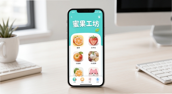 蜜果工坊主界面展示,智能手机上运行,界面布局清晰,色彩明亮,图标圆润,背景为现代简约风格桌面,突出软件名称“蜜果工坊”字样,整体视觉干净清爽,符合实用工具类应用气质。