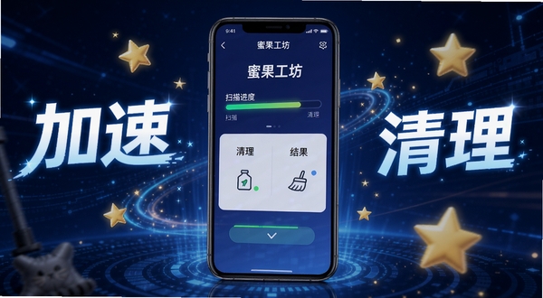 蜜果工坊垃圾清理与手机加速功能运行界面,显示扫描进度条与清理结果,周围有闪烁的星星特效,背景为科技感深蓝色,突出“加速”“清理”字样,手机模型位于画面中心,屏幕内展示蜜果工坊操作界面,整体动感十足。