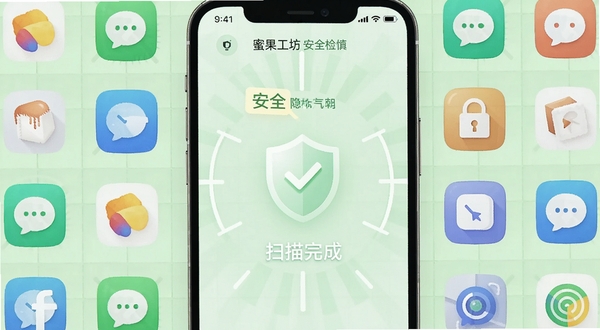 蜜果工坊安全检测界面,手机屏幕显示“扫描完成”状态,带盾牌图标和绿色对勾,周围有多个应用图标环绕,背景为淡绿色网格,突出“安全”“隐私”关键词,整体色调明亮,传达安心可靠的感觉。