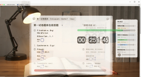 第一试卷题库在线答题界面,展示选择题答题卡与倒计时,背景为书桌和台灯,画面有进度条和得分统计