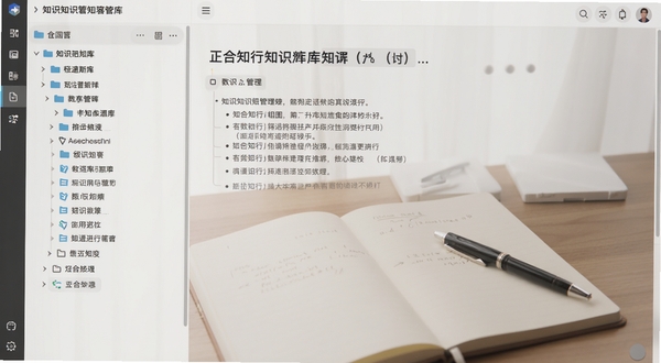 正合知行知识库管理界面,左侧为多级目录树,右侧显示一篇带标题和要点的笔记,背景为整洁的书桌,有纸质笔记本和笔,整体色调柔和,突出知识整理功能