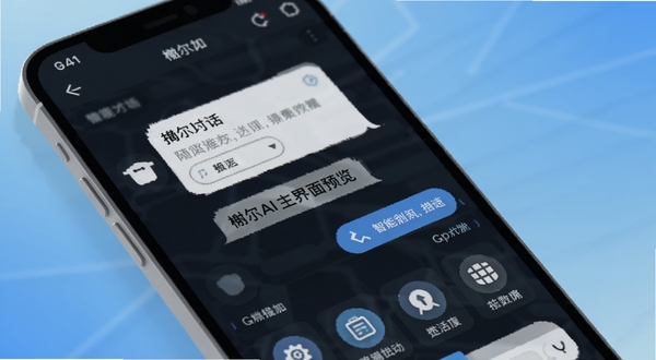 榭尔AI主界面预览图,展示智能对话与功能模块,背景为现代简约的科技蓝渐变,前景为手机屏幕界面特写,包含聊天窗口和功能图标,光线柔和明亮,风格清新专业