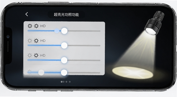 手电筒超亮光照功能预览图,手机屏幕显示四档亮度调节滑块界面,背景为深色渐变,UI设计清晰醒目,照明效果示意图