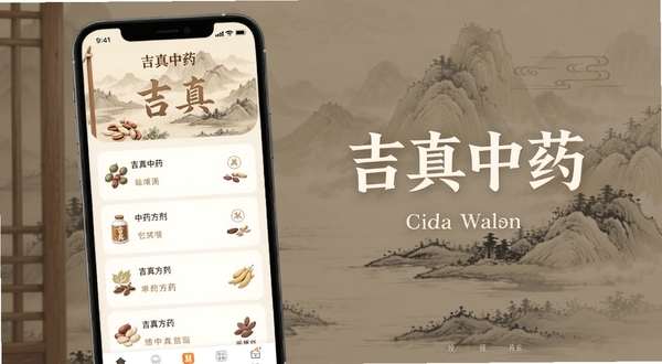 吉真中药App界面预览图,手机屏幕显示简洁的中药方剂列表,背景为淡雅的中国风山水画,整体色调以米白和浅棕为主,画面中心突出应用名称“吉真中药”字样,细节清晰,适合软件介绍场景
